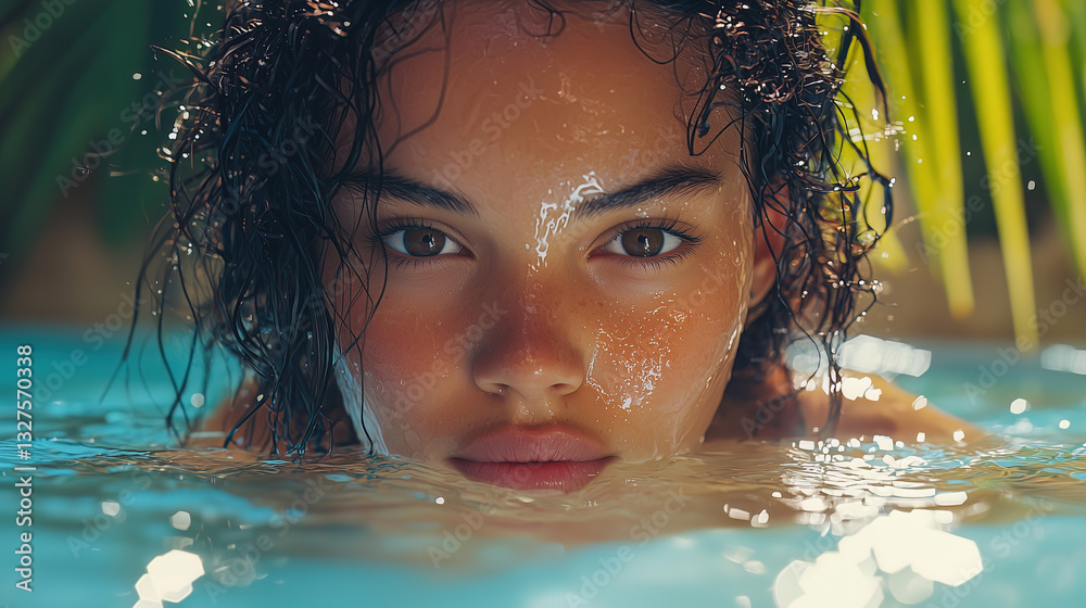 Sun-kissed beauty emerges from the water, glistening skin and captivating eyes.A stunning young woman with wet hair, partially submerged in water, a mesmerizing close-up.