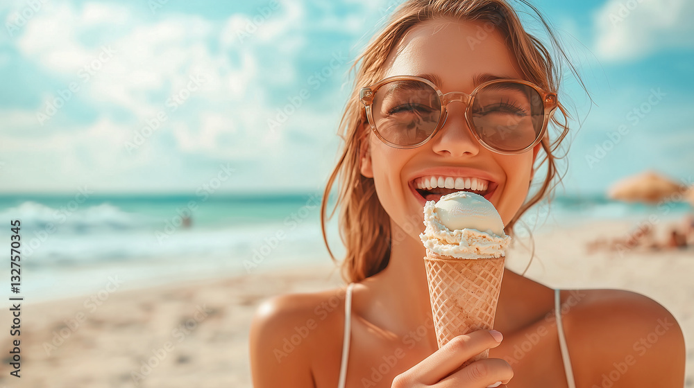 Joyful woman savoring ice cream on a sunny beach, sunglasses on, against a backdrop of blue sky and sea. Pure summer bliss!