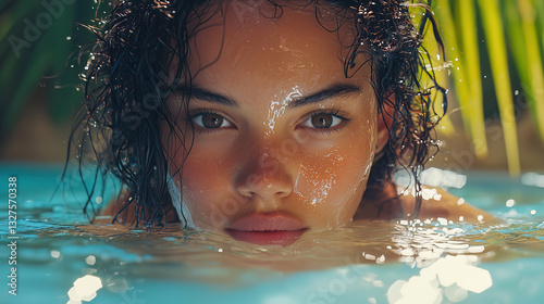 Obraz na płótnie Sun-kissed beauty emerges from the water, glistening skin and captivating eyes.A stunning young woman with wet hair, partially submerged in water, a mesmerizing close-up. w salonie