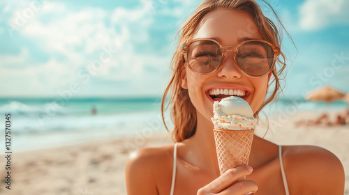 Obraz na płótnie Joyful woman savoring ice cream on a sunny beach, sunglasses on, against a backdrop of blue sky and sea. Pure summer bliss! w salonie