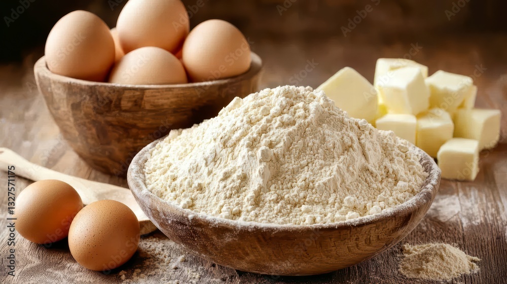 Baking Essentials: A visual feast of ingredients: fresh eggs nestling in a rustic bowl, alongside a generous mound of flour and perfect butter cubes, showcasing the simple elegance of baking. Baking Essentials: A visual feast of ingredients: fresh eggs nestling in a rustic bowl, alongside a generous mound of flour and perfect butter cubes, showcasing the simple elegance of baking.