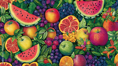 Fruit pattern seamless vector fruity backdrop and fruitful exotic wallpaper with fresh slices of watermelon apples and tropical fruits background illustration set