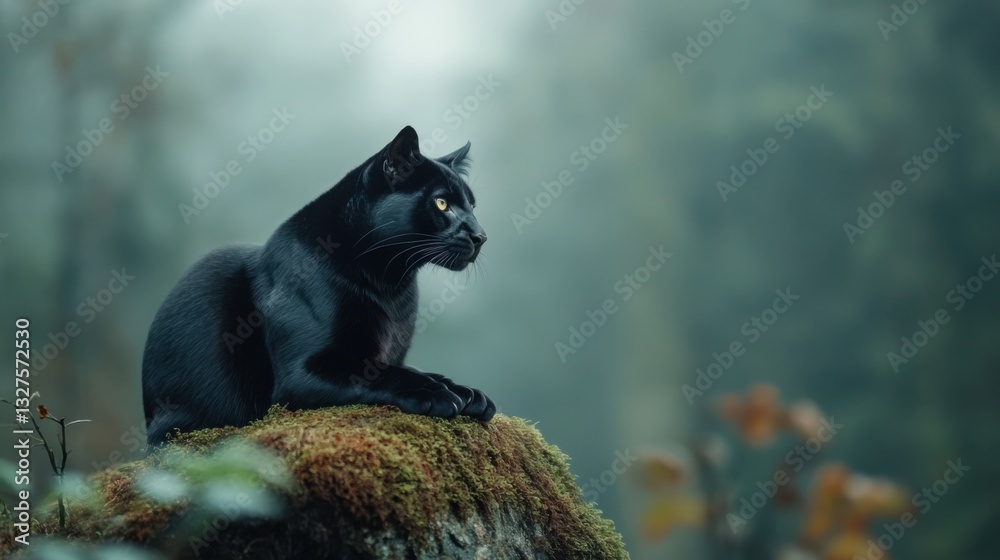 Black panther resting on a mossy rock in a serene forest environment during the early morning Black panther resting on a mossy rock in a serene forest environment during the early morning