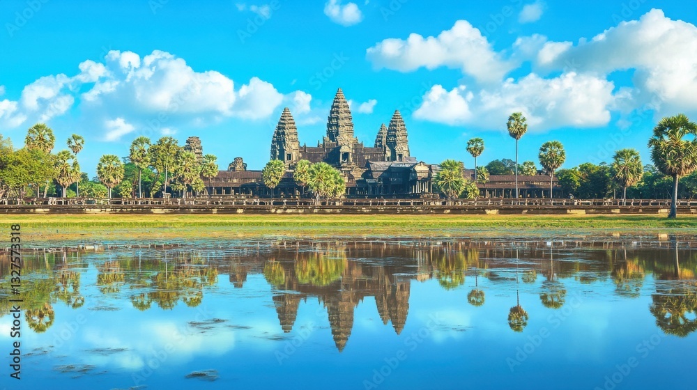 Watercolor illustration of Indian temples with lake reflection Watercolor illustration of Indian temples with lake reflection