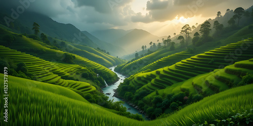 A breathtaking landscape of lush green terraced rice fields stretching across rolling hills. A gentle river flows through the valley