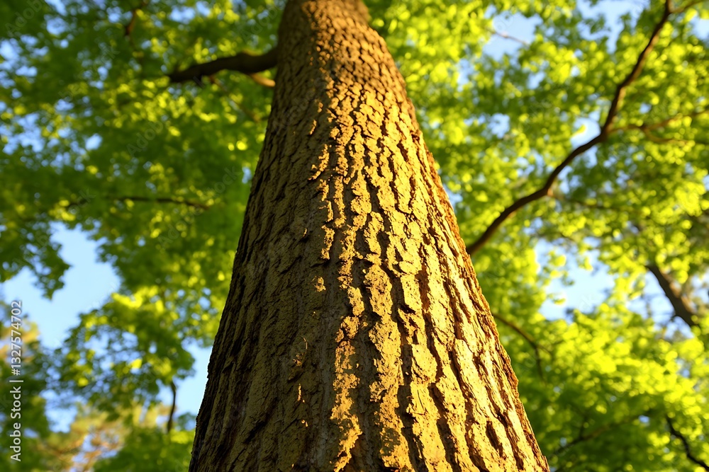 Fototapeta premium Majestic tree trunk basking in golden sunlight through lush green foliage