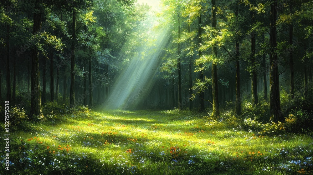 Fototapeta premium Sunlight streams through a vibrant forest meadow