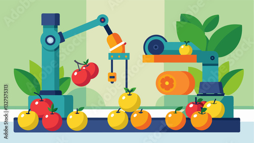 These robotic machines are programmed to detect any defects or imperfections in the fruit ensuring that only the highest quality products make it to market.. Vector illustration