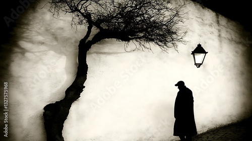 Lonely man walking at night under street lamp