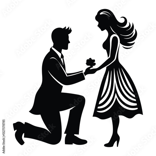 Proposal silhouette vector illustration, Silhouette of a romantic couple with a boy proposing to a girl holding a rose