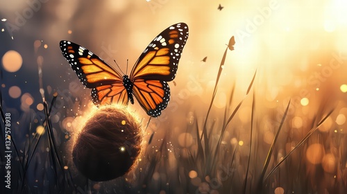 Butterfly's Flight: A breathtaking display of nature's artistry featuring a vibrant butterfly poised mid-flight above a blurred landscape, symbolizing freedom and transformation