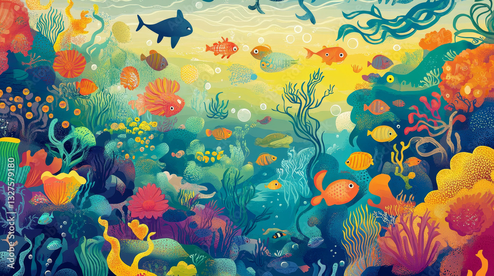 Marine plants and fish seamless pattern vector illustration. Fish swimming and seaweed in aquarium or sea. Underwater elements, sand and moss, jellyfish, sea horse and zebrafish cartoon. Marine plants and fish seamless pattern vector illustration. Fish swimming and seaweed in aquarium or sea. Underwater elements, sand and moss, jellyfish, sea horse and zebrafish cartoon.