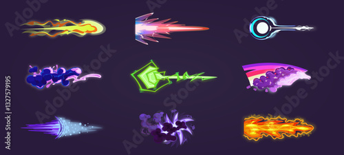 2D game vfx gun effect. Space weapon visual effects, magic spells, plasma energy shot, fireball, blaster, laser shot, light beams. Comic or cartoon style art. Vector set of colorful animation effects.