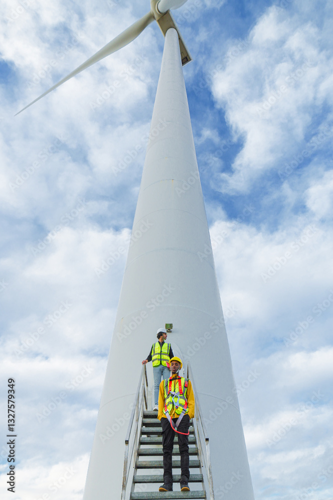 Two engineers standing on a wind turbine platform, ensuring the smooth operation and maintenance of renewable energy infrastructure Two engineers standing on a wind turbine platform, ensuring the smooth operation and maintenance of renewable energy infrastructure