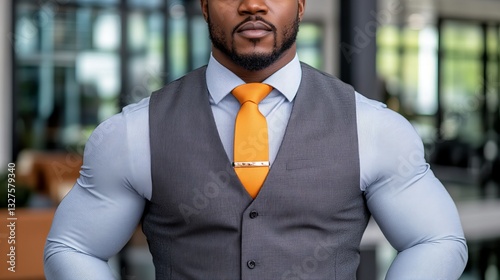 Powerful and stylish. A portrait of a well-built African American man in a sharp vest and orange tie.
