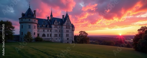 Majestic Chateau de Vincennes under vibrant sky, tricolor displayed ,  sunny,  historical site,  skyline