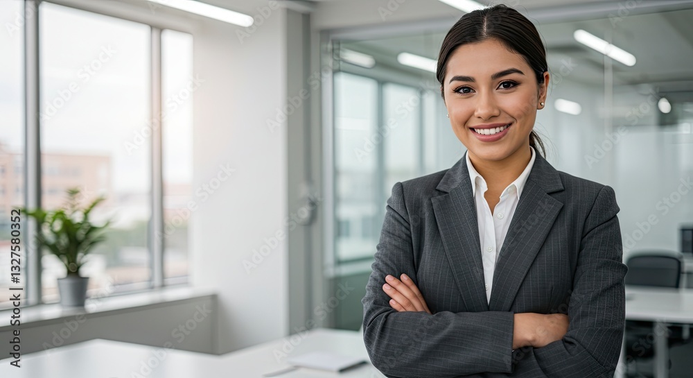Confident Businesswoman Smiling in Modern Office with Arms Crossed in Suit Confident Businesswoman Smiling in Modern Office with Arms Crossed in Suit