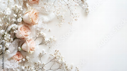 Soft Petals: A delicate floral arrangement, featuring soft, blush roses and delicate baby's breath, evokes feelings of romance and serenity against a clean, simple backdrop. 