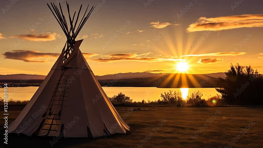 Tipi bei Sonnenuntergang an einem Fluss