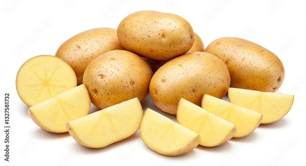 Fresh Potatoes Still Life with Whole and Cut Slices on White Fresh Potatoes Still Life with Whole and Cut Slices on White