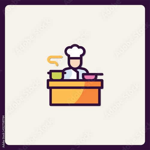 Whimsical Chef Icon Preparing Culinary Delights in a Stylized Kitchen