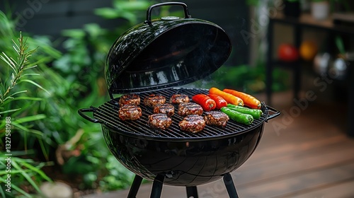 Outdoor grill with burgers and peppers cooking