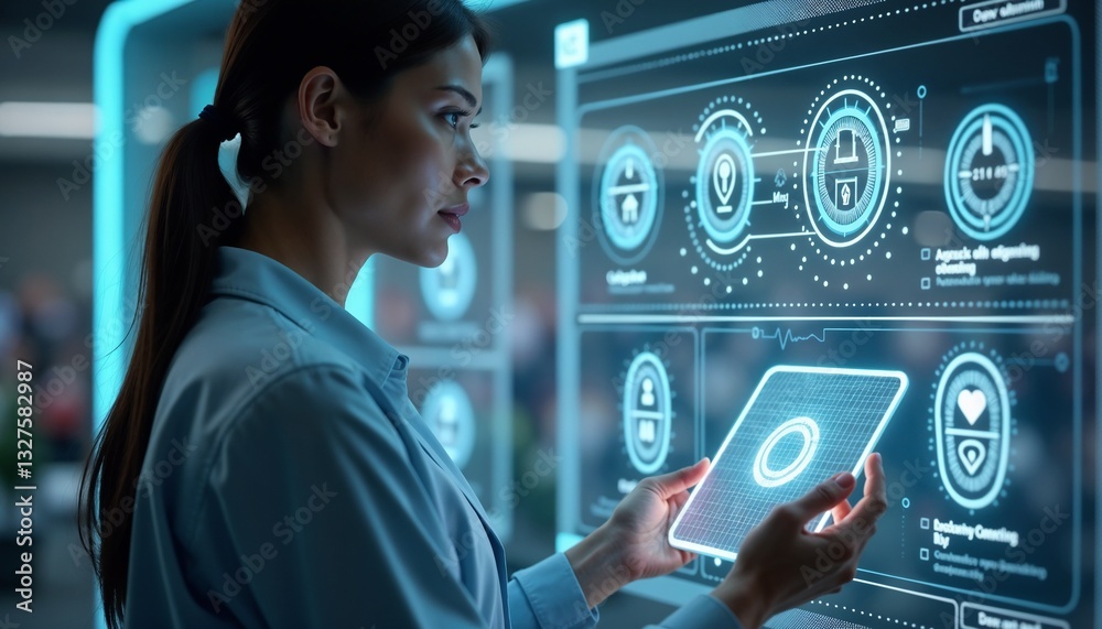 Obraz premium Businesswoman analyzing security data on a holographic interface in modern office