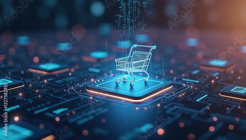 Shopping cart hologram on a digital network background for e-commerce concept