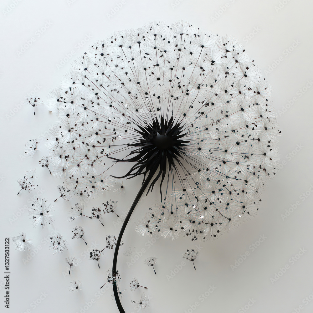 Obraz premium stylish and minimalist dandelion in black and white. Its fluffy seeds seem to fly through the air, creating an effect of lightness and movement. 