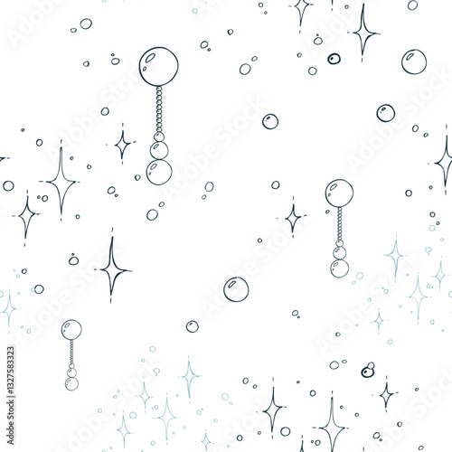 Pendants gold with beads of different sizes, scattering of sparkling stars. Christmas, New Year, winter Line art is a simple hand-drawn illustration in black and white ink. Seamless pattern vector EPS