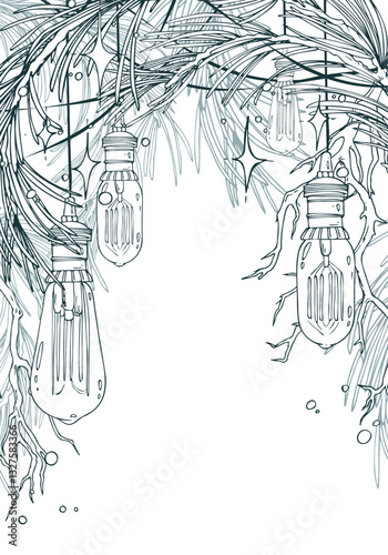 Retro Edison bulbs hanging with pine branches with stars and lights. Line art hand-drawn illustration in black and white ink. Template, frame, decorative framing vector EPS. Christmas New year