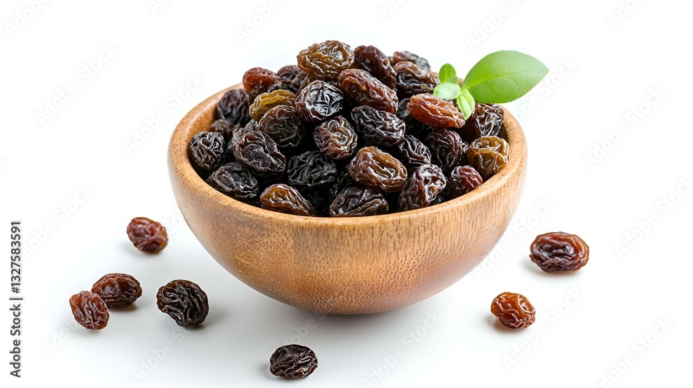 Fototapeta premium Flat lay of Raisins in wooden bowl isolated