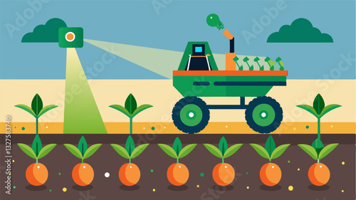 This revolutionary planting machine uses laser technology to accurately position each seedling ensuring optimal growth and maximizing crop yields.. Vector illustration