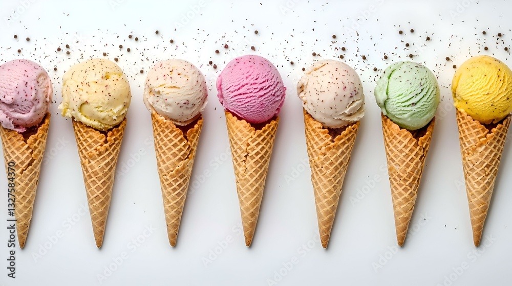 Wafer cones with multi-colored balls of creamy Wafer cones with multi-colored balls of creamy