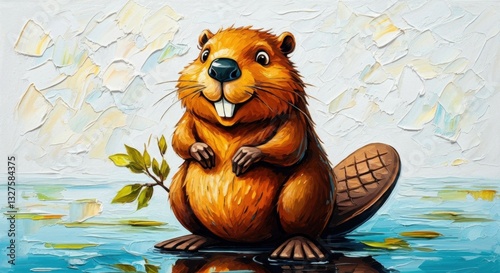 A cheerful cartoon Beaver poses for a naturalist photographer