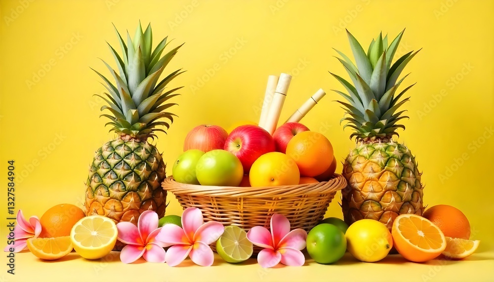 A vibrant still life composition featuring a variety of tropical fruits and floral elements against a soft yellow background A vibrant still life composition featuring a variety of tropical fruits and floral elements against a soft yellow background