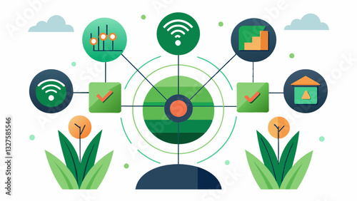 The AIpowered harvest prediction model displays different scenarios based on varying levels of fertilizer and pesticide use providing insight into the most sustainable farming. Vector illustration