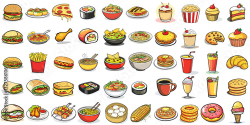 Collection of 50 food icons illustration featuring street food, fast food, and snacks