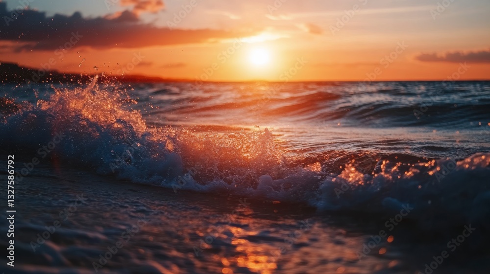 Ocean Waves Splashing at Sunset, Warm Golden Light, Coastal Seascape Ocean Waves Splashing at Sunset, Warm Golden Light, Coastal Seascape