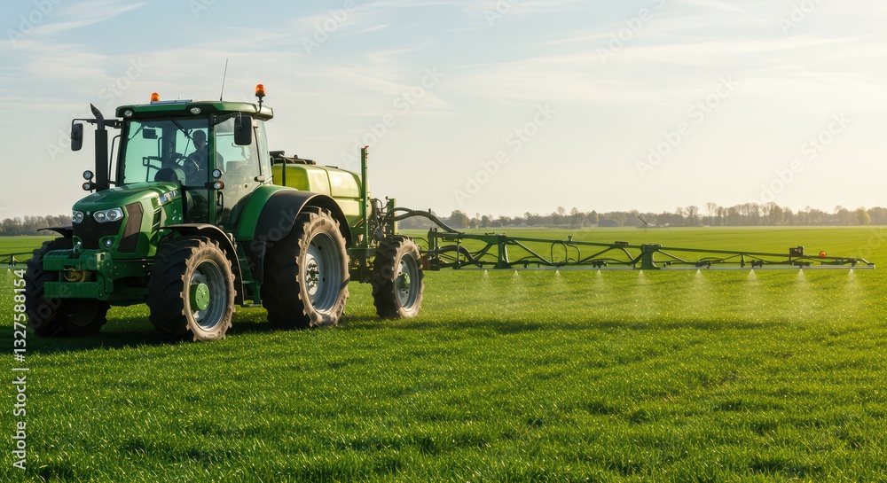 Fototapeta premium A modern tractor with a sprayer evenly processes a green field under the bright spring sun