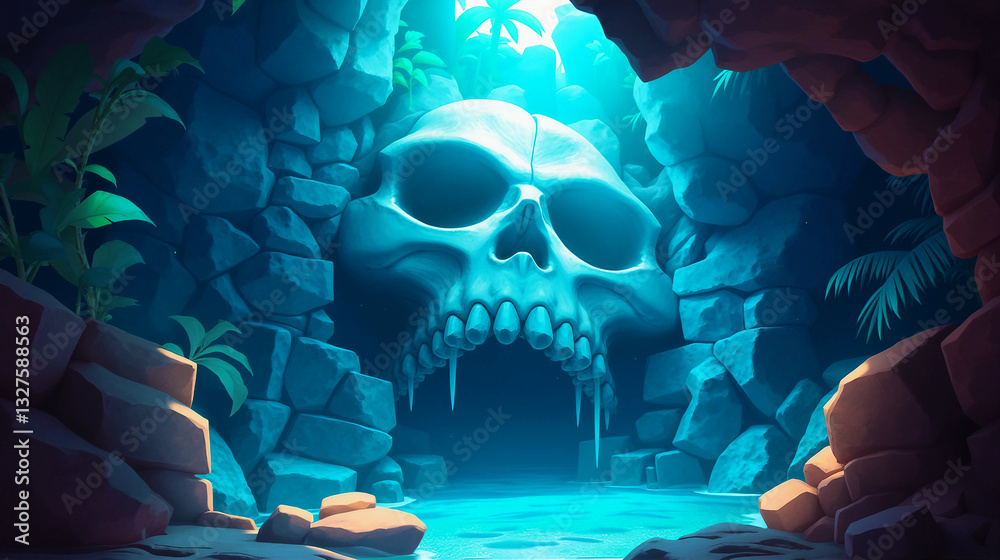 Fototapeta premium Skull island illustration. Skull cave entrance illustration. Treasure hunt background. Pirate cave. Pirate hideout. Gate to pirate cave. Pirate game background. Secret chamber.