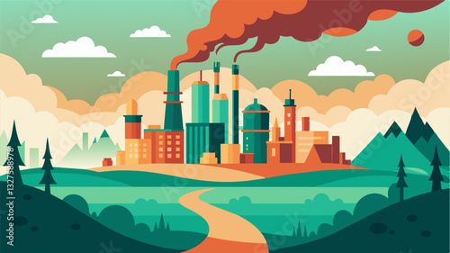 The polluted skyline stood as a stark contrast to the serene natural landscape beyond a visual representation of human impact on the environment.. Vector illustration