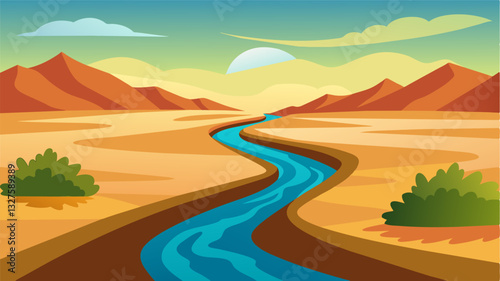 The river that used to provide water for the farms and homes now runs dry reflecting the devastating effects of the food shortage on the environment.. Vector illustration