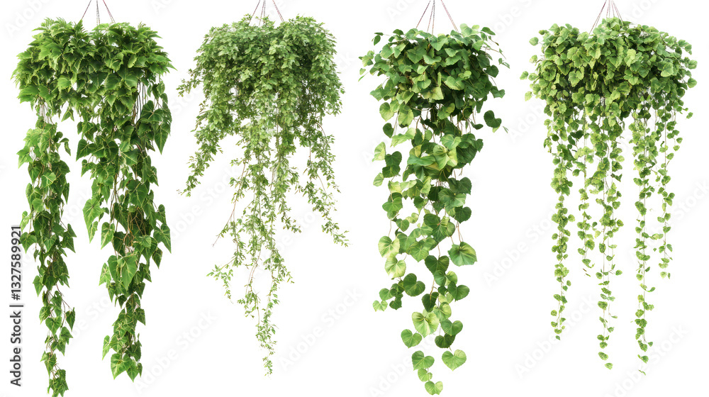 Fototapeta premium Four varieties of lush green hanging plants displayed in a bright, natural setting