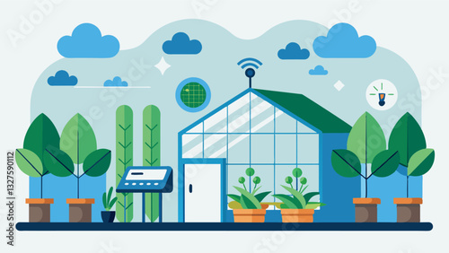 The greenhouses smart CO2 management system can be integrated with other smart agriculture technologies creating a fully automated and optimized growing environment.. Vector illustration