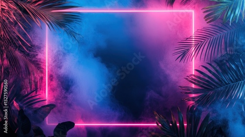 Neon Frame Encircles Tropical Plants In Vaporous Ambiance