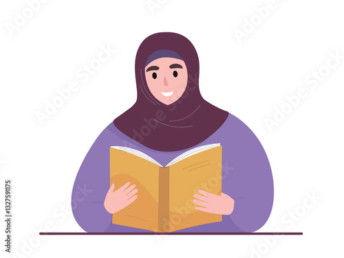 Muslim woman reading a book. Girl in hijab gaining knowledge, training. Vector flat graphics.