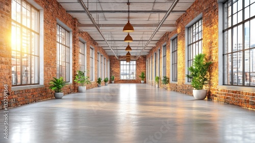 Industrial loft interior with large windows and plants