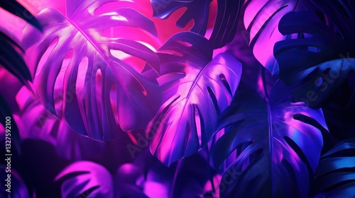 Fototapeta Naklejka Na Ścianę i Meble -  Neon monstera leaves bathed in vibrant purple and blue light