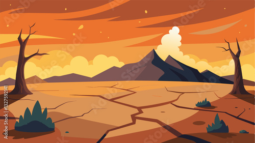 The scorched earth crumbling beneath ones feet a stark reminder of the severity of the drought and its devastating effects on the land.. Vector illustration